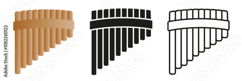 Flute. A simple set of musical instruments. Representation of flute in different styles.