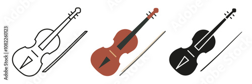Violin. A simple set of musical instruments. Images of violins in different styles.