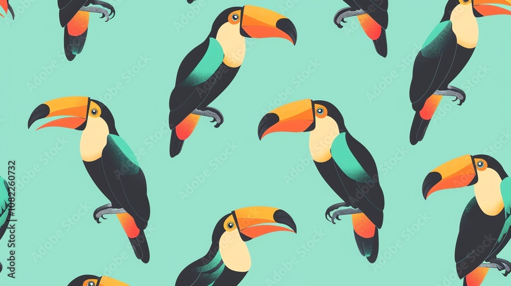 Fototapeta premium A seamless pattern of toucans on a turquoise background.