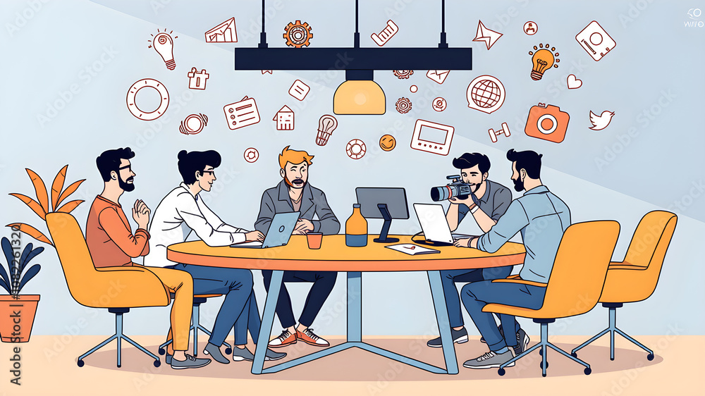 An illustration of a team of designers and video producers talking around a table with icons related to their fields floating all around them like they are ideas mixing together. Generative AI An illustration of a team of designers and video producers talking around a table with icons related to their fields floating all around them like they are ideas mixing together. Generative AI