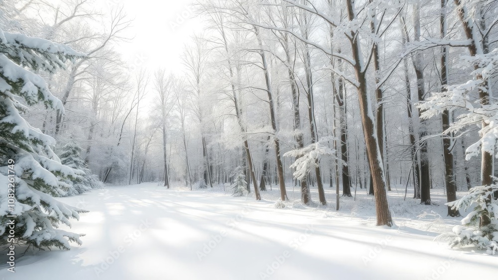 Naklejka premium A serene snow-covered clearing in the dazzling winter woods, serene, peaceful