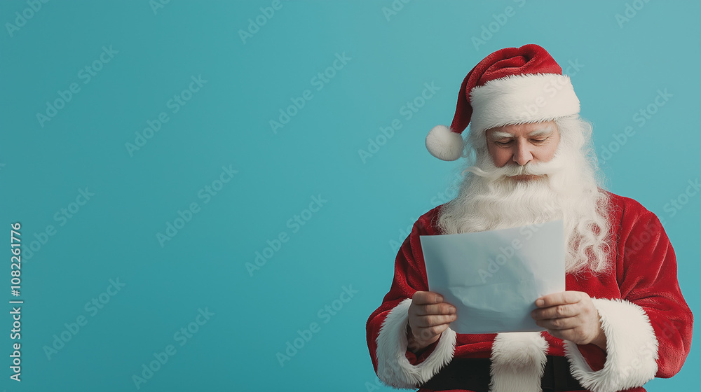 Old Santa Claus Man in Christmas Hat Red Suit Clothes Holding a Big Kid's Letter Blue Background Studio Shot. Happy New Year, Merry Christmas, x-mas Holiday Old Santa Claus Man in Christmas Hat Red Suit Clothes Holding a Big Kid's Letter Blue Background Studio Shot. Happy New Year, Merry Christmas, x-mas Holiday
