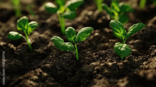 Close-up of vibrant green seedlings emerging from rich, dark soil, symbolizing growth and new beginnings.