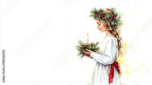 A girl dressed as Santa Lucia, holding a candle with a festive wreath. Perfect for a Christmas card with copy space for text. Watercolor illustration.