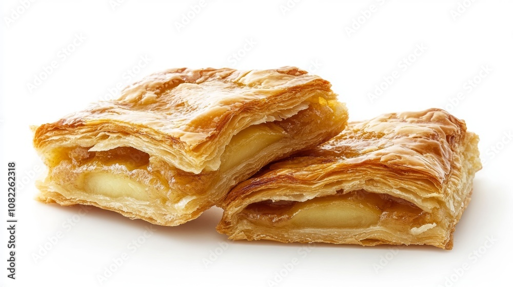 A flaky, golden puff pastry dessert, sliced open to reveal a sweet and savory filling. The pastry is made with potatoes and looks delicious against a light background. A flaky, golden puff pastry dessert, sliced open to reveal a sweet and savory filling. The pastry is made with potatoes and looks delicious against a light background.