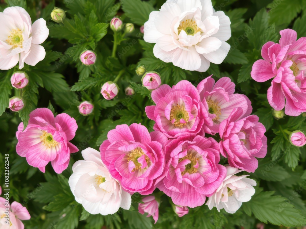 Beautiful pink and white ranunculus flowers in full bloom surrounded by lush green leaves, colorful, ranunculus Beautiful pink and white ranunculus flowers in full bloom surrounded by lush green leaves, colorful, ranunculus