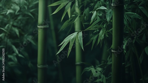 A close-up shot of a bamboo forest, with sunlight filtering through the leaves.