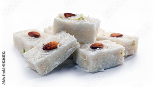 Delicious Indian Barfi Sweets with Almonds and Coconut - Close Up Studio Shot