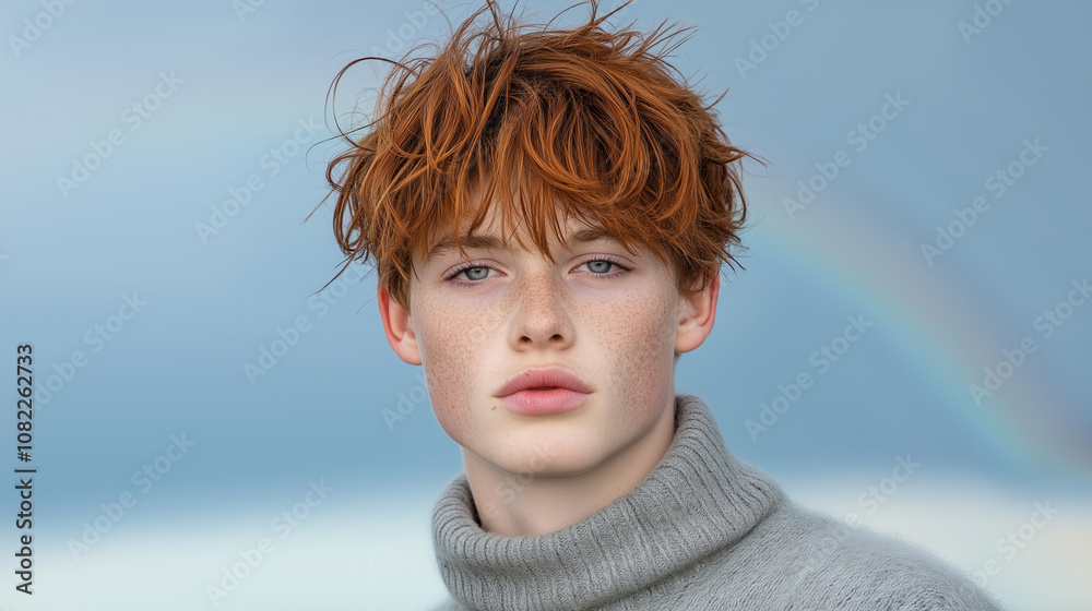 Young red-haired individual in gray sweater with serene blue background and rainbow Young red-haired individual in gray sweater with serene blue background and rainbow