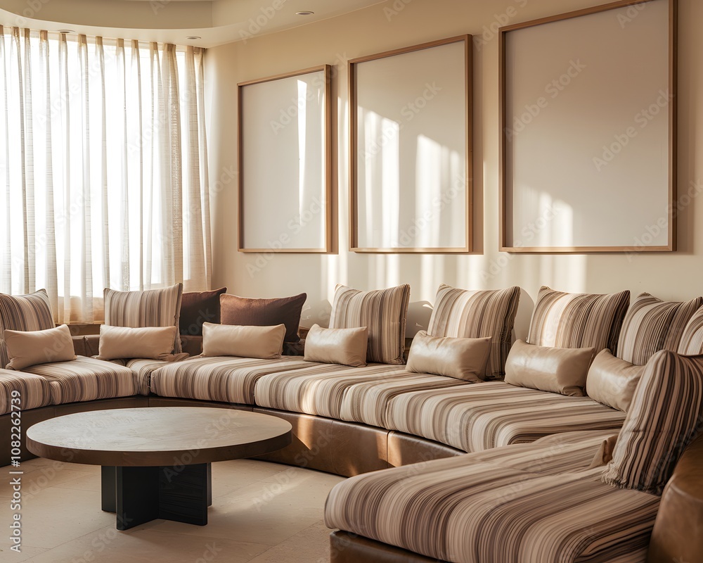 A photo of A contemporary living room styled with warm earth tones, a large cushioned sofa, a round coffee table, and three blank canvas frames on the wall, with soft natural light filtering in throug A photo of A contemporary living room styled with warm earth tones, a large cushioned sofa, a round coffee table, and three blank canvas frames on the wall, with soft natural light filtering in throug