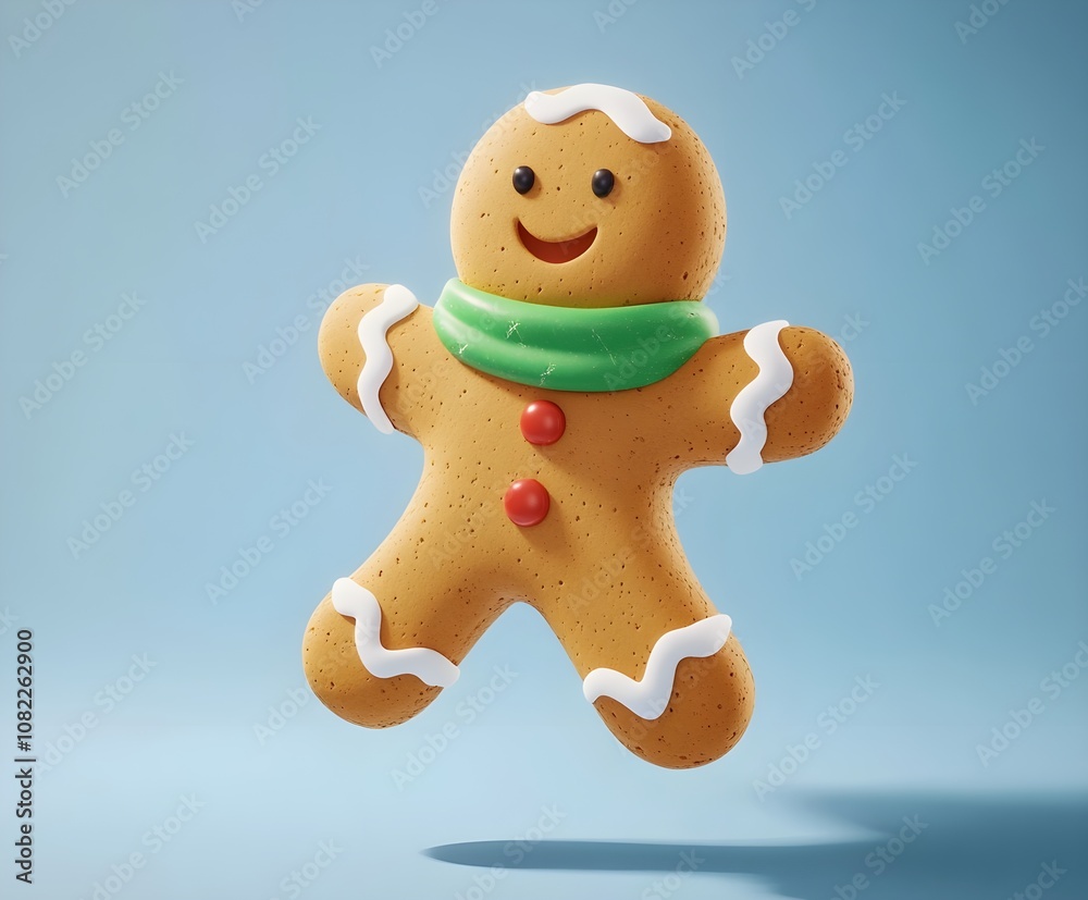 3D icon of a gingerbread man on a blue background, a cute and smiling gingerbread figure in a green scarf 3D icon of a gingerbread man on a blue background, a cute and smiling gingerbread figure in a green scarf