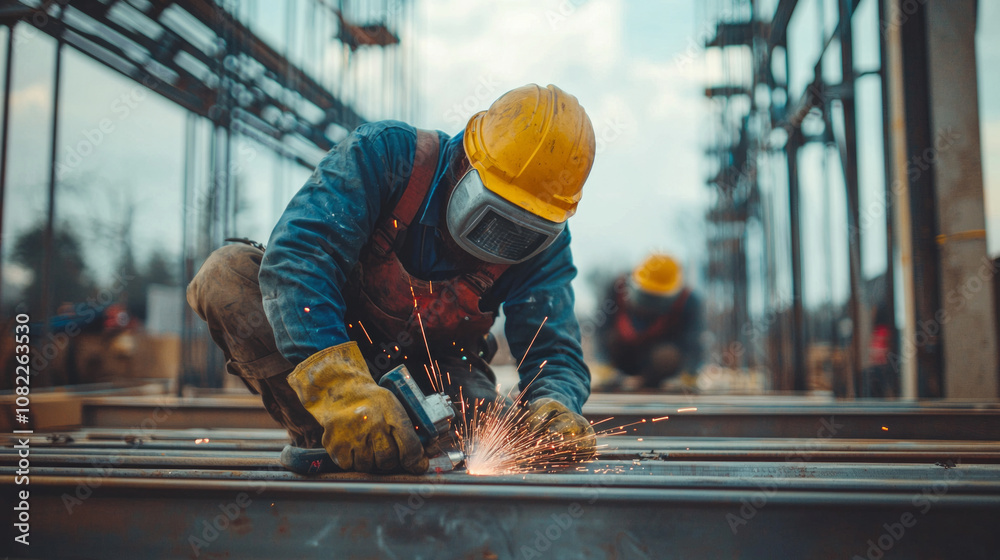 Workers weld metal frames on a construction site under a clear sky during daylight, showcasing skills and teamwork in action Workers weld metal frames on a construction site under a clear sky during daylight, showcasing skills and teamwork in action