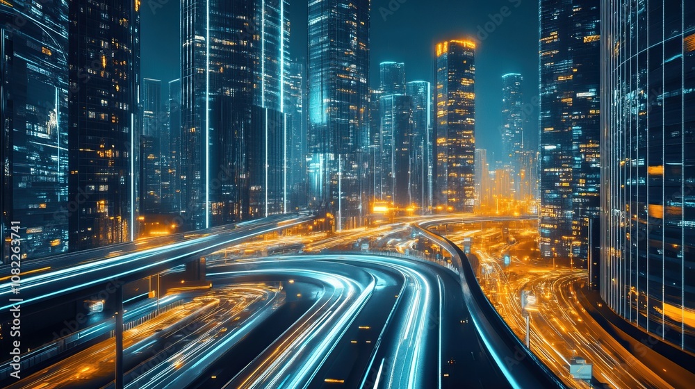 Fototapeta premium Night Cityscape with Illuminated Roads and Skyscrapers