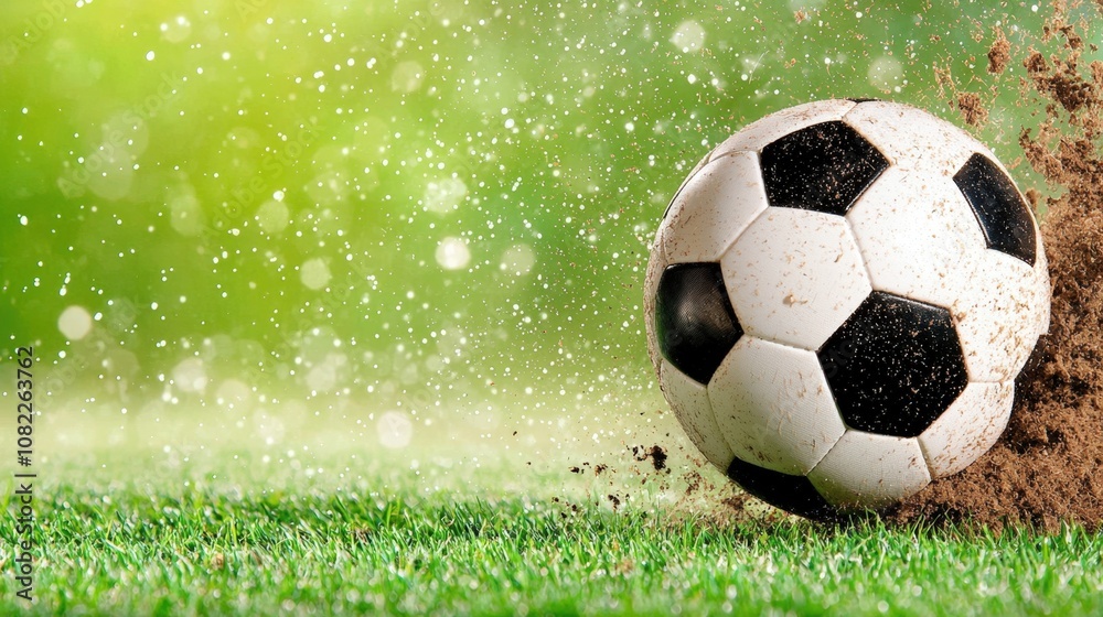 Fototapeta premium Dynamic soccer ball on grass with sparkling background