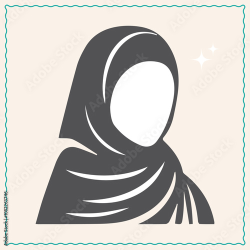 Hijab girl logo design with green frame. Islam and afghani female figure sillhouette icon. Glowing female
