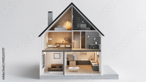 A house design, cut open to show the inside.  This is a 3D image.