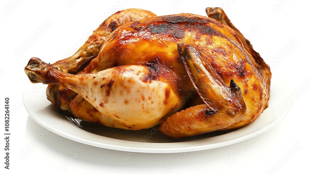 A perfectly roasted chicken on a plate, showcasing golden-brown skin, crispy texture, and succulent meat, ideal for a delicious meal.