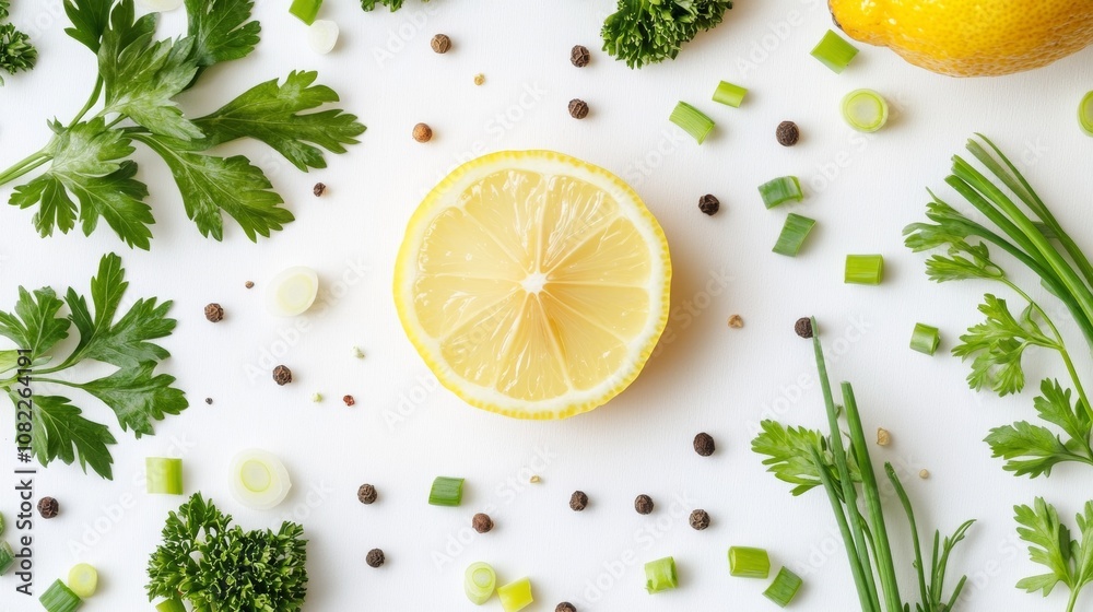 A lemon slice, parsley sprigs, green onions, and ground pepper are scattered on a white surface. A lemon slice, parsley sprigs, green onions, and ground pepper are scattered on a white surface.