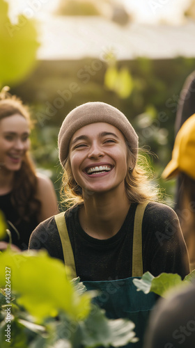 Group of volunteers working together in a community garden, expressions of joy and collaboration, vibrant outdoor setting with sunlight, focus on teamwork and collective impact