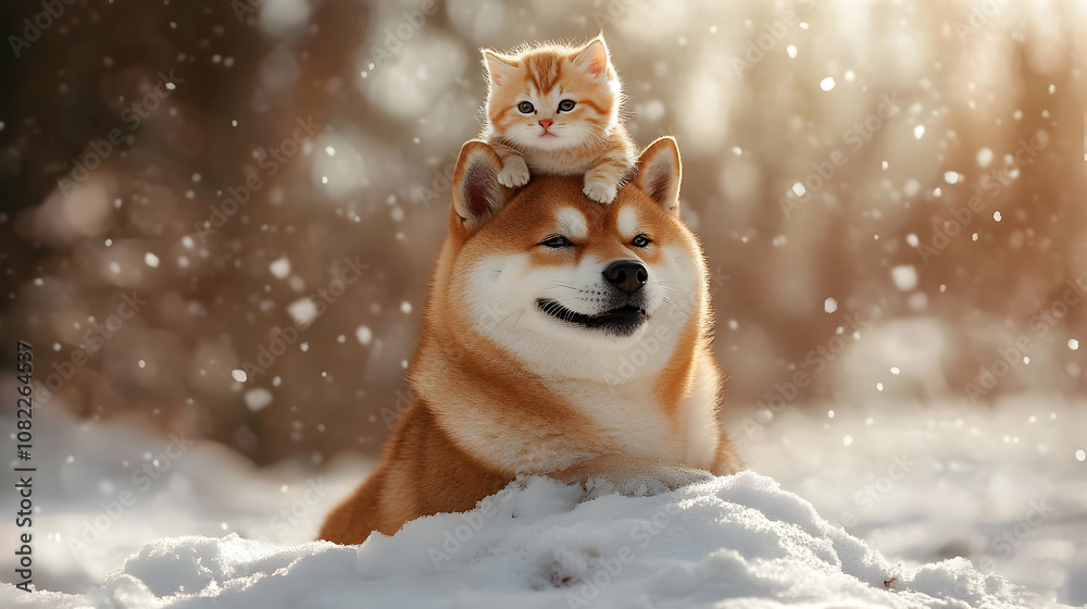 Adorable ginger kitten perched atop a Shiba Inu dog, nestled in snowy winter wonderland; a heartwarming scene of interspecies friendship. Adorable ginger kitten perched atop a Shiba Inu dog, nestled in snowy winter wonderland; a heartwarming scene of interspecies friendship.