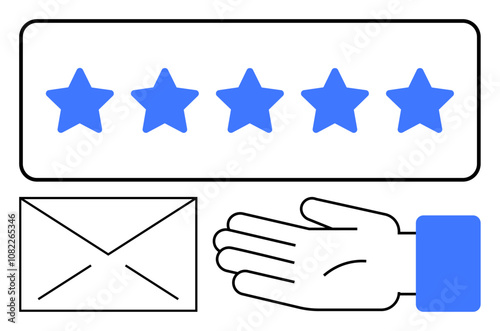 Five blue stars, a letter envelope, and an open hand. Ideal for customer feedback, reviews, communication, support, quality service engagement. Line metaphor