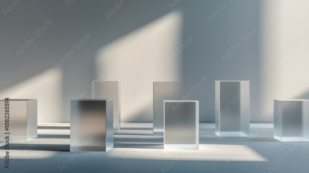 A minimalist arrangement of transparent blocks casting soft shadows on a surface, ideal for abstract design projects. A minimalist arrangement of transparent blocks casting soft shadows on a surface, ideal for abstract design projects.