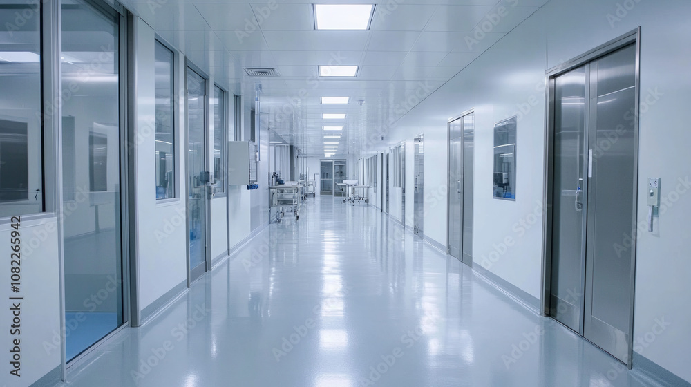 Naklejka premium A sterile hallway in a controlled environment with bright lighting and clean surfaces, emphasizing healthcare and safety protocols