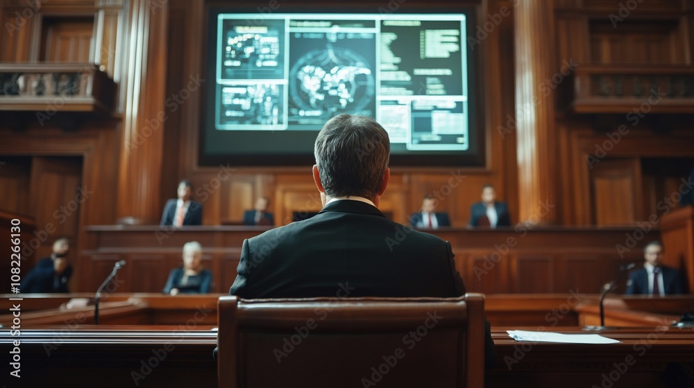 A man in a suit sits in a courtroom, facing a large screen displaying a digital map.