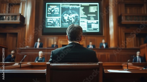 A man in a suit sits in a courtroom, facing a large screen displaying a digital map.