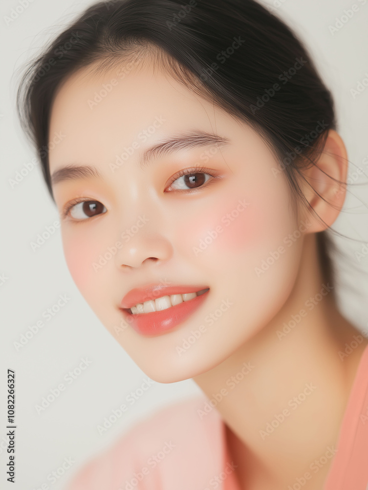 A young woman smiles warmly while posing against a soft, neutral background during a casual indoor session A young woman smiles warmly while posing against a soft, neutral background during a casual indoor session
