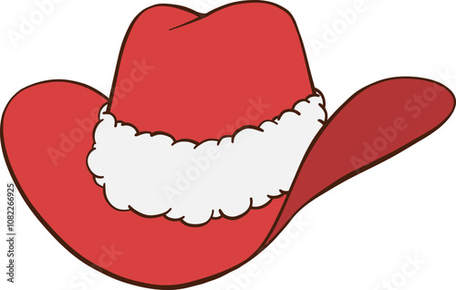 Red Christmas cowboy hat hand drawn illustration with Santa cap white fluffy fur trim