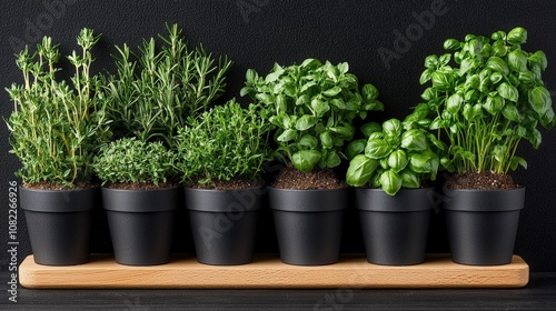 Freshly green: seven potted herbs on wooden shelf against dark background photo