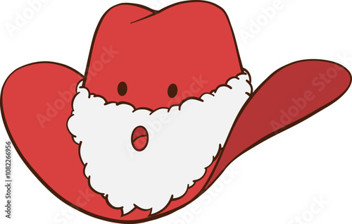 Red Christmas cowboy hat hand drawn illustration with Santa white fluffy beard, eyes and mouth
