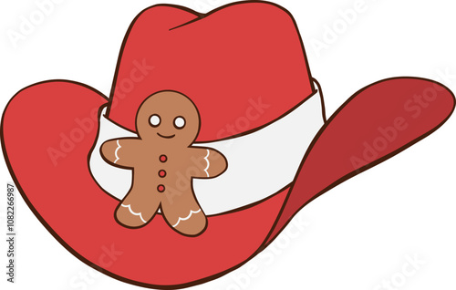 Red Christmas cowboy hat hand drawn illustration with brown gingerbread man cookie