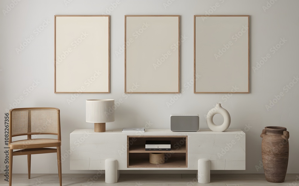 A minimalist interior setting with three blank vertical frames on a white wall. A minimalist interior setting with three blank vertical frames on a white wall.