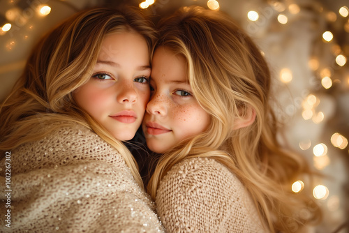 Two young girls hugging each other in front of a Christmas tree