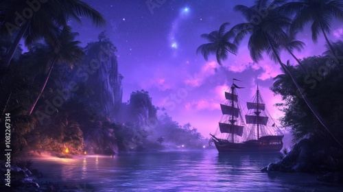 Majestic pirate ship anchors in enchanted tropical cove under starry night sky