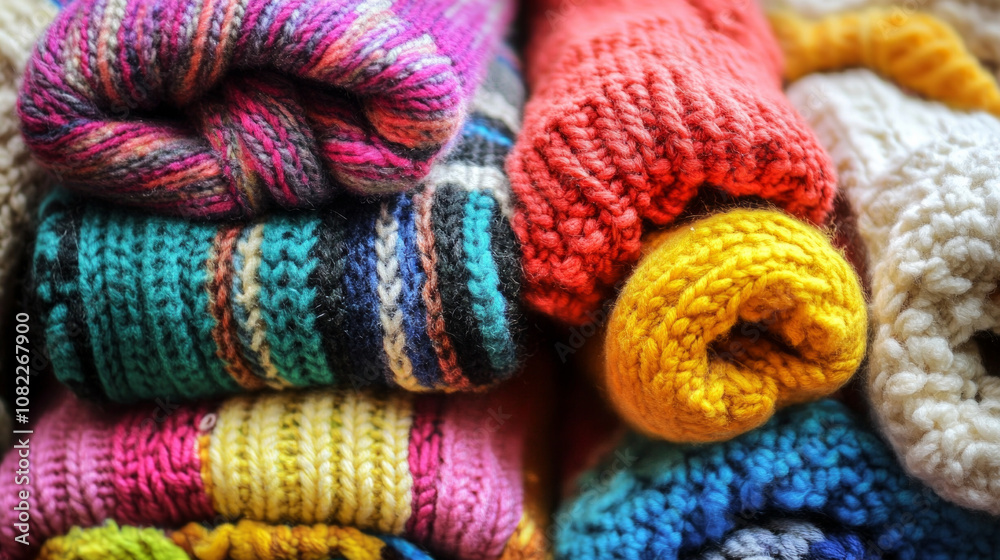 Warm, cozy socks stacked together on a soft blanket, perfect for chilly evenings and relaxation indoors at home Warm, cozy socks stacked together on a soft blanket, perfect for chilly evenings and relaxation indoors at home