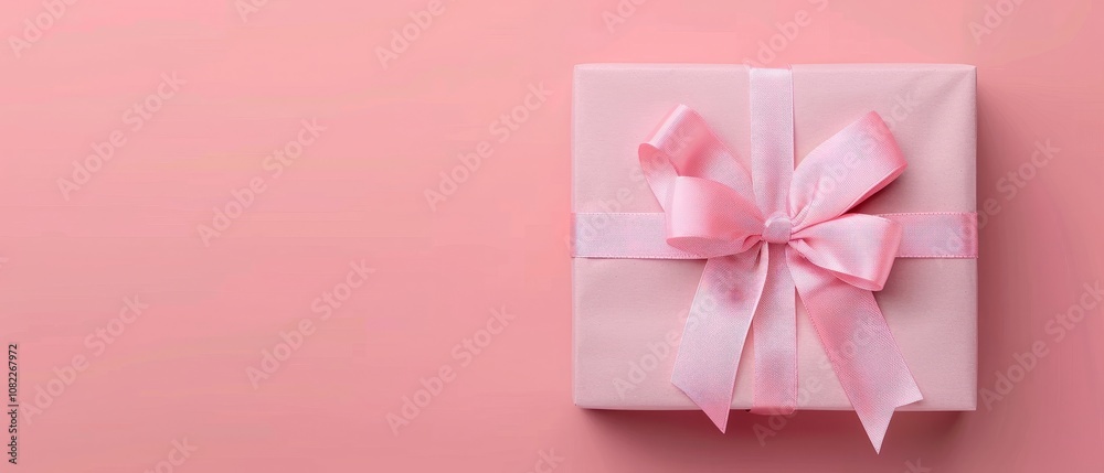 Pink gift box with bow. Pastel color. Copy space Pink gift box with bow. Pastel color. Copy space
