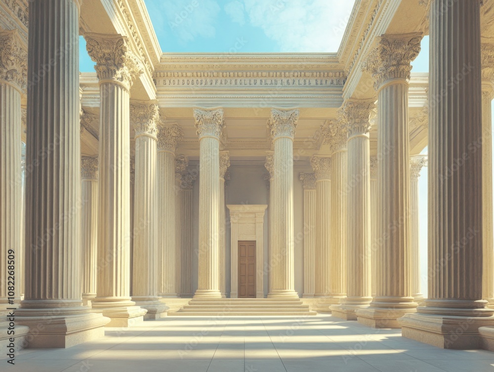 A grand architectural space with tall columns and a central door, evoking classical design. A grand architectural space with tall columns and a central door, evoking classical design.
