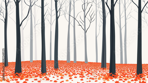 Autumn Forest with Bare Trees and Fallen Leaves