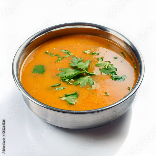 Delicious Creamy Tomato Soup in a Metal Bowl, Garnished with Fresh Parsley