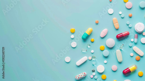 Pharmaceuticals arranged on a teal surface showcasing various types and colors of pills and capsules for health service communication