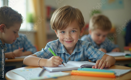 A focused shot of a young boy student sitting attentively in a classroom, engaged in a learning activity that promotes growth and education