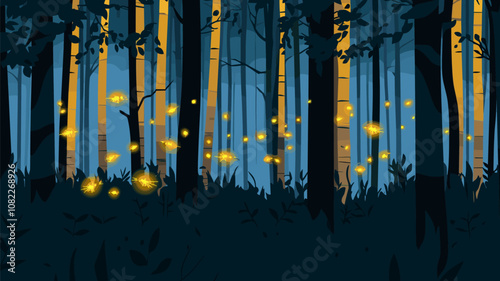 Forest with Glowing Fireflies at Night