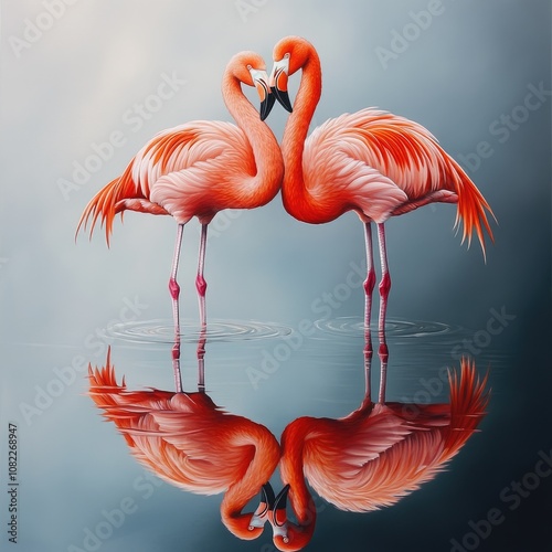 Two elegant pink flamingos entwine their necks in a display of love, mirrored beautifully in calm waters. photo