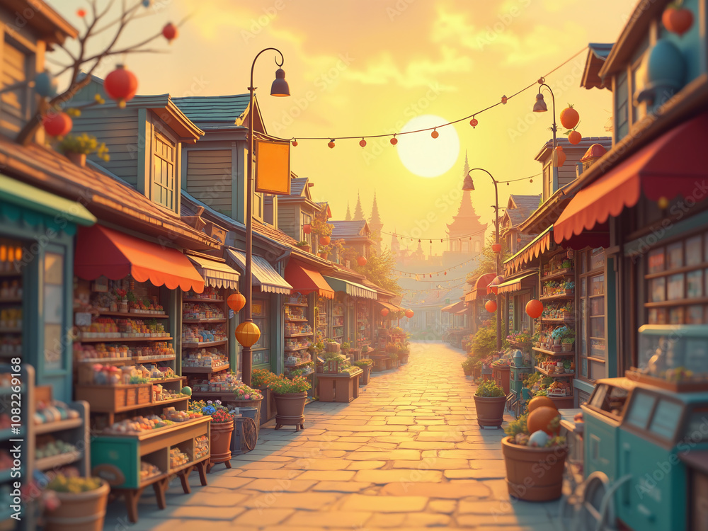 Fototapeta premium Generated digital illustration of stores and shops selling goods and merchandises.