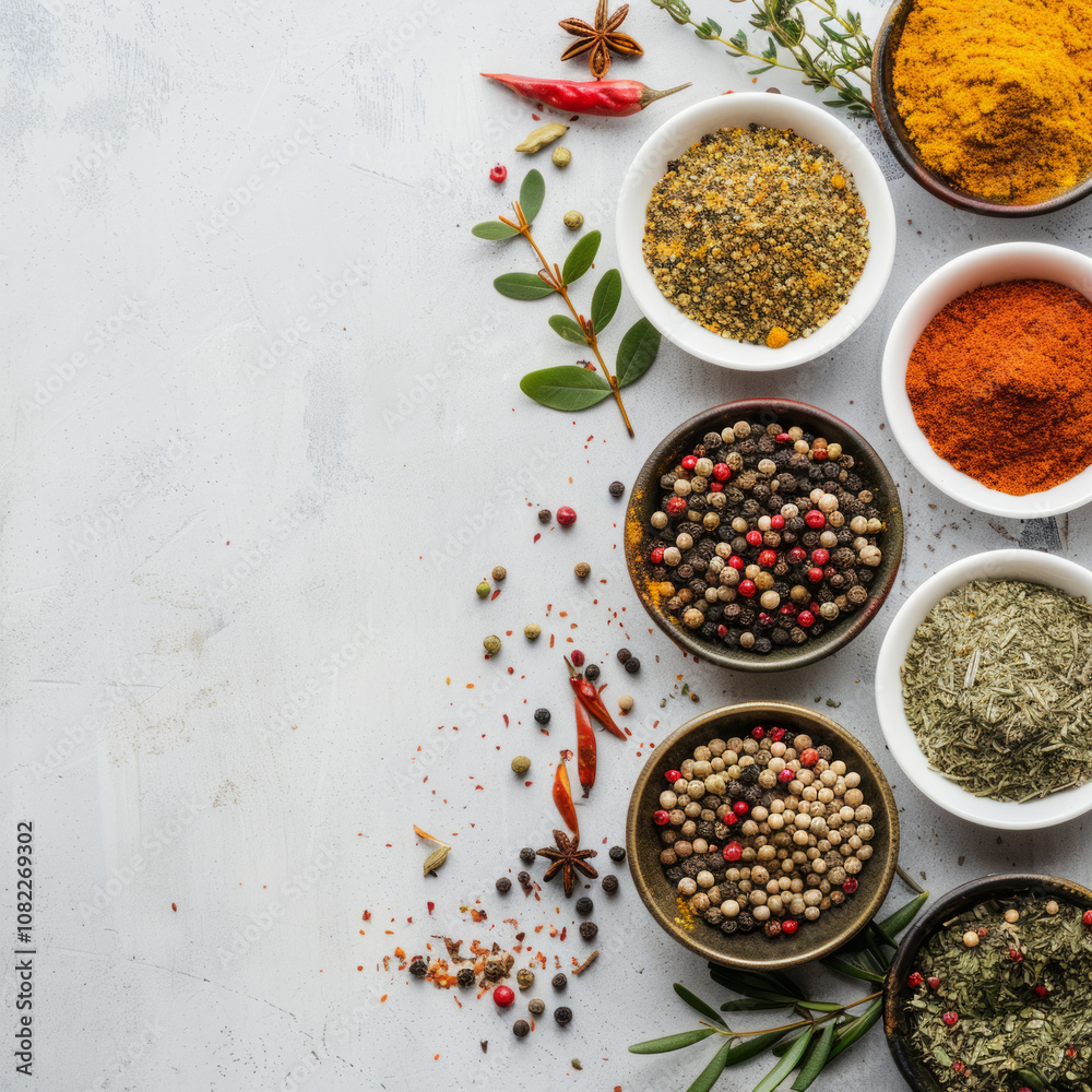 A vibrant array of spices arranged neatly on a countertop with natural herbs and chili peppers, showcasing culinary ingredients for flavorful dishes A vibrant array of spices arranged neatly on a countertop with natural herbs and chili peppers, showcasing culinary ingredients for flavorful dishes