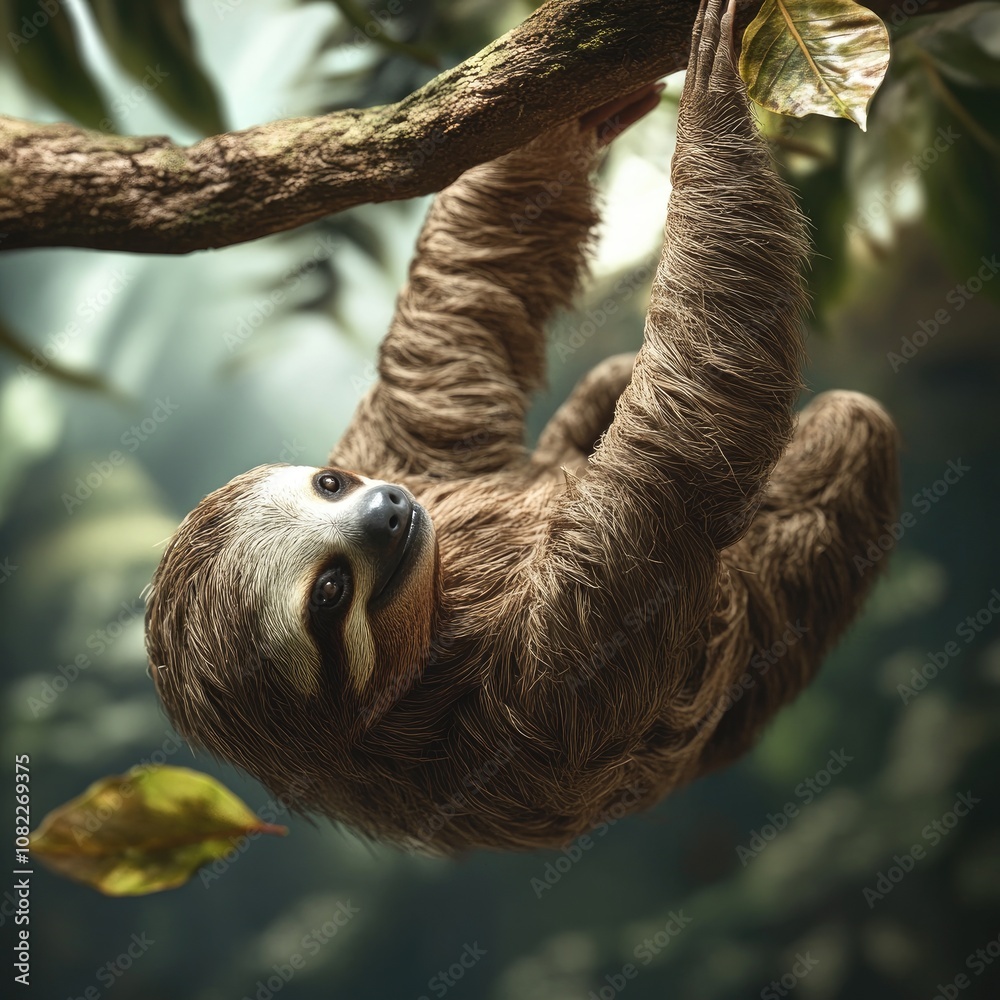 Obraz premium A cute sloth hanging from a branch, surrounded by lush green leaves in a vibrant jungle setting.