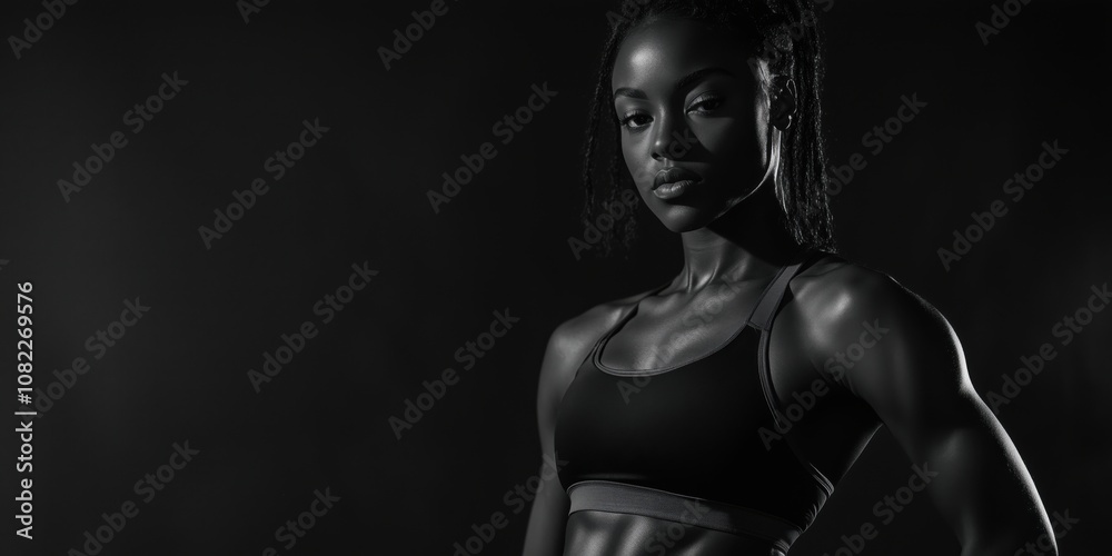 Strong athletic woman in black and white portrait, showcasing toned physique and confidence, dramatic lighting highlights muscles Strong athletic woman in black and white portrait, showcasing toned physique and confidence, dramatic lighting highlights muscles